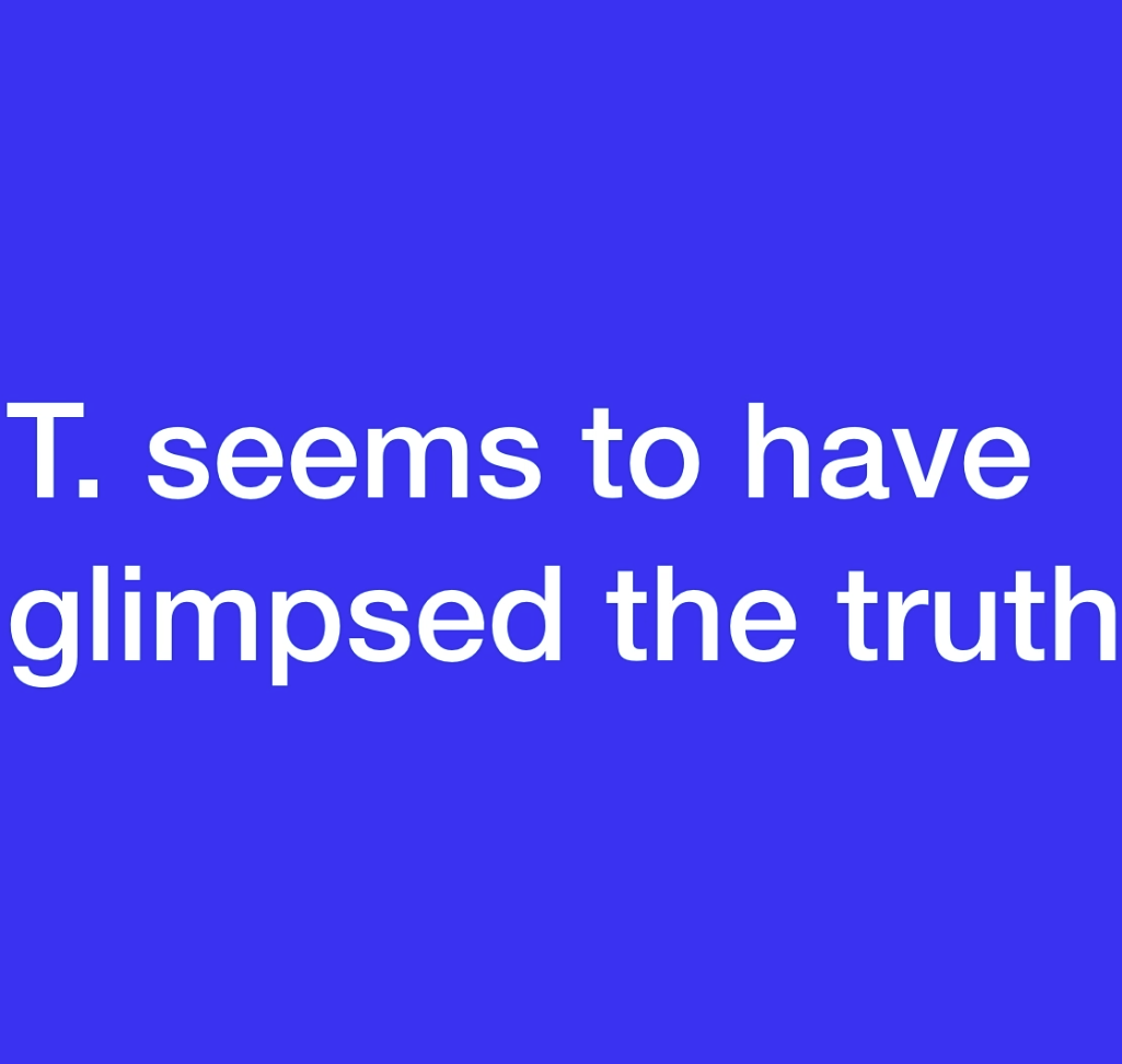 Blue background with white text reading "T. seems to have glimpsed the truth"