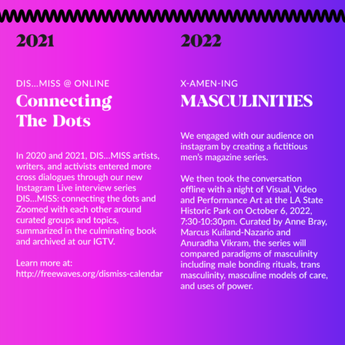 2021. DIS...MISS @ online. Connecting The Dots. In 2020 and 2021, DIS…MISS artists, writers, and activists entered more cross dialogues through our new Instagram Live interview series DIS…MISS: connecting the dots and Zoomed with each other around curated groups and topics, summarized in the culminating book and archived at our IGTV. Learn more at: http://freewaves.org/dismiss-calendar 2022. X-aMEN-ing Masculinities. We engaged with our audience on instagram by creating a fictitious men’s magazine series.We then took the conversation offline with a night of Visual, Video and Performance Art at the LA State Historic Park on October 6, 2022, 7:30-10:30pm. Curated by Anne Bray, Marcus Kuiland-Nazario and Anuradha Vikram, the series will compared paradigms of masculinity including male bonding rituals, trans masculinity, masculine models of care, and uses of power.